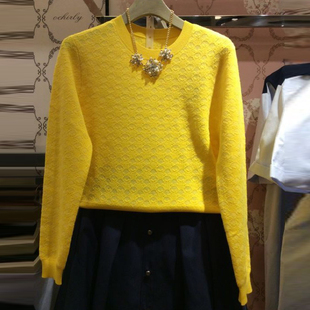 小宽松打底衫 2020春季 薄款 超短款 圆领黄色高腰套头毛衣女针织衫