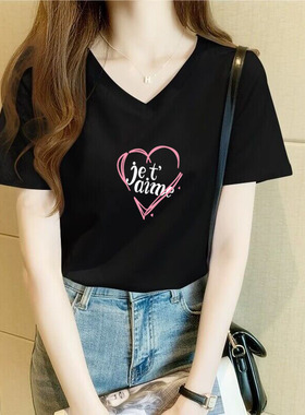 黑色显瘦短袖t恤女纯棉2025年夏装半袖宽松体恤衫韩版新款v领上衣