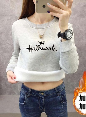 白灰色显瘦加绒卫衣女2025年秋冬新款加厚保暖打底衫遮肉百搭上衣