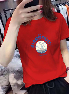 红色显瘦纯棉上衣2025年夏季新款短袖t恤女ins百搭卡通宽松体恤衫