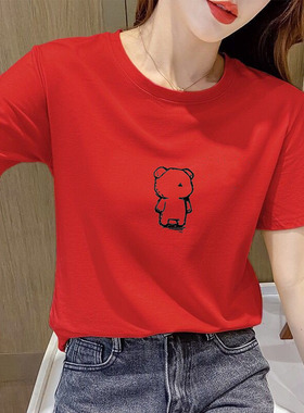 东大门新款红色上衣2025年韩国短袖t恤女夏季百搭时尚纯棉体恤衫