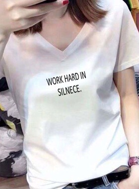 白色ins夏装新款纯棉v领短袖t恤女2025韩版百搭上衣字母半袖丅恤