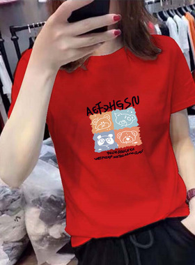 红色卡通时尚T恤衫2025夏装新款纯棉短袖t恤女潮ins显瘦半袖上衣