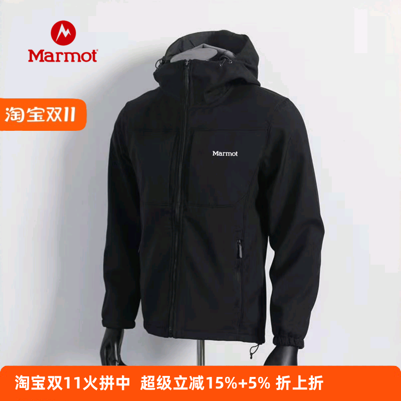 MARMOT土拨鼠软壳冲锋衣男全热封压胶夹克秋冬加绒连帽防水外套