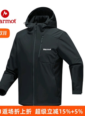 MARMOT土拨鼠加绒软壳冲锋衣男秋冬季连帽夹克户外防风防水外套