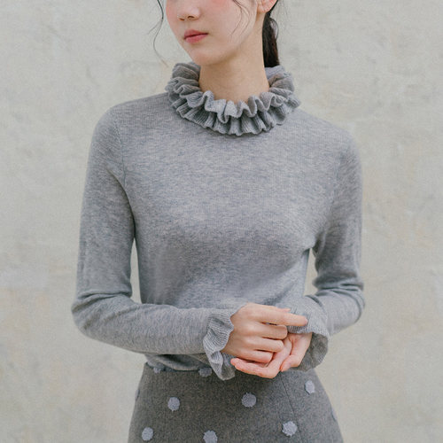 blushwhite 多层花边细织羊毛打底衫针织衫 白/浅灰