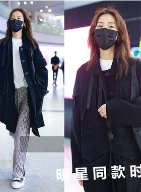 香港刘雯明星同款黑色灯芯绒Oversize风衣外套中长款21春秋新宽松