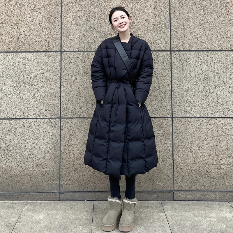 秋冬款◇豆腐块~日系女士外套90白鸭绒设计感 抽绳收腰长款羽绒服