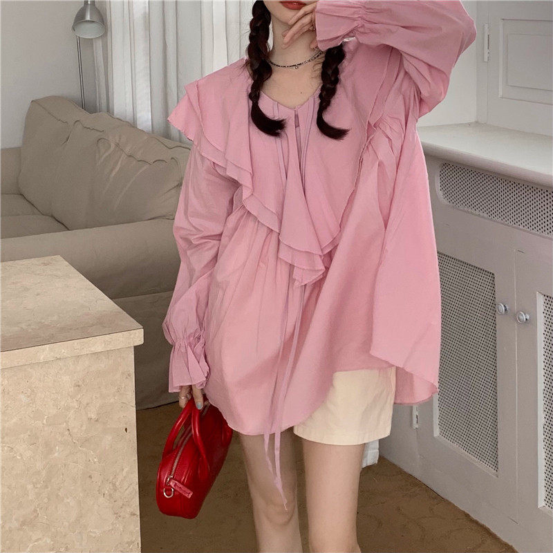 夏季春夏季新款韩系chic甜美减龄可爱设计感荷叶边V领粉色衬衫女