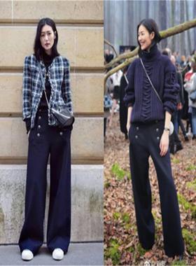 大表姐刘雯同款藏蓝色毛料女裤2025春秋宽松休闲阔腿裤直筒长秋冬