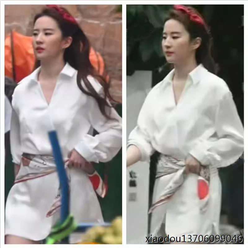香港玫瑰的故事刘亦菲黄亦玫白色V领缎面交叉气质收腰衬衫连衣裙