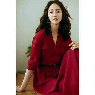 夏款张钧宁明星同款连衣裙女2025春秋款红色polo领长袖气质衬衫裙