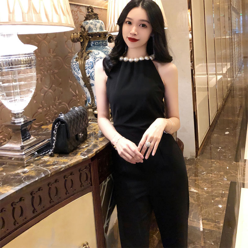 夏季高端雪纺连体裤女夏2024新款阔腿裤韩版珍珠挂脖连衣裤派对礼