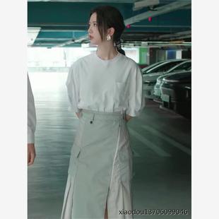 香港承欢记许龄月毛咏欣泡泡袖白色短袖t恤上衣工装半身裙套装女