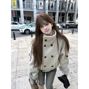 冬款韩系短款立领羊毛大衣女小个子2026冬季新款轮廓呢子加厚毛呢