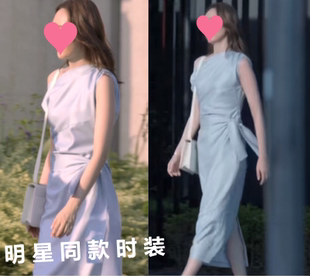 香港童瑤顧清俞同款 斜肩一字領(lǐng)系帶收腰連衣裙夏設(shè)計(jì)感露肩長(zhǎng)裙潮