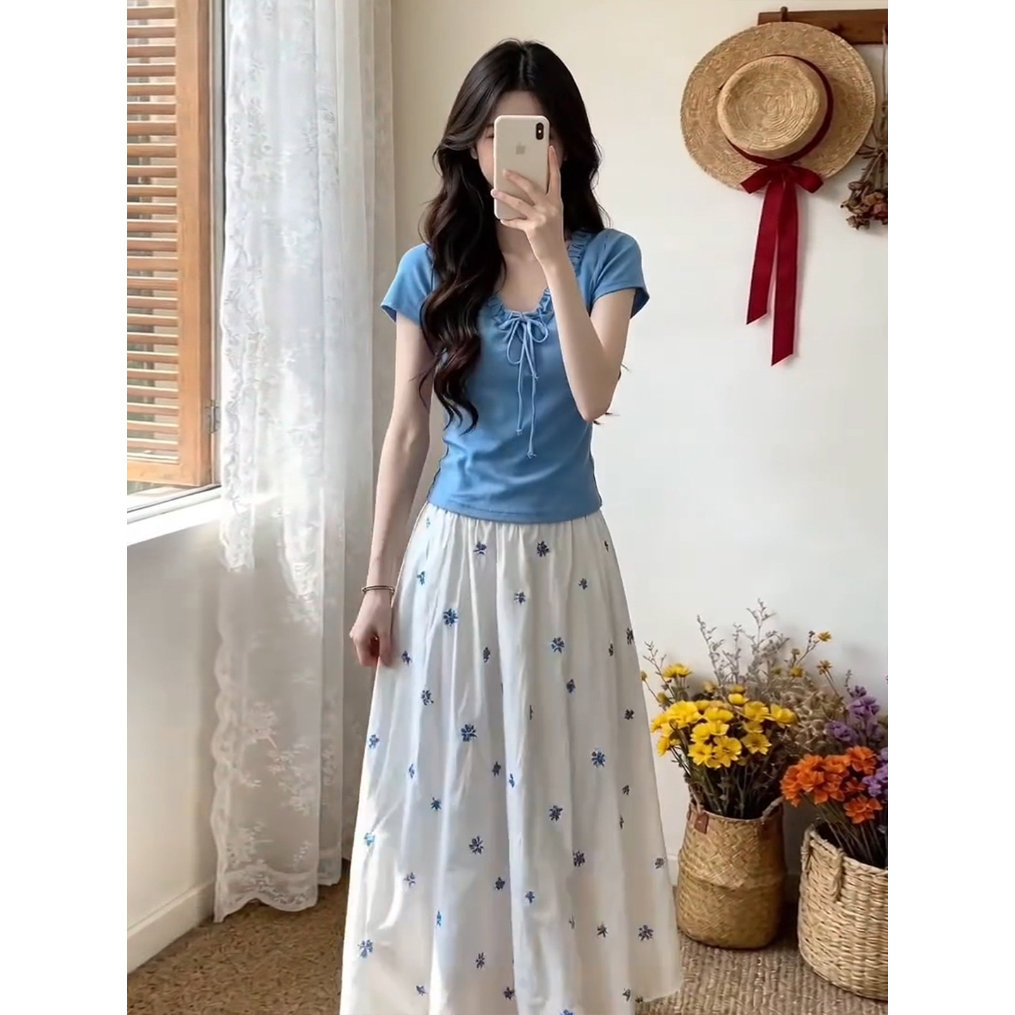 夏季独特漂亮夏日ootd穿搭小套装女巨好看韩系减龄半身裙子长裙一