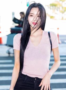夏款申同色224夏冰针织衫修身上有娜款粉T恤女0季薄款丝短袖V领短