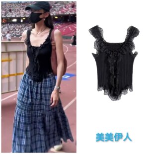 夏季古力娜扎同款黑蕾丝吊带背心上衣女2025新款格子半身长裙两件