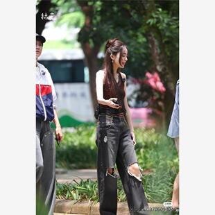 香港古力娜扎同款咖色背心两件套衣服夏个性小众街头破洞牛仔裤女