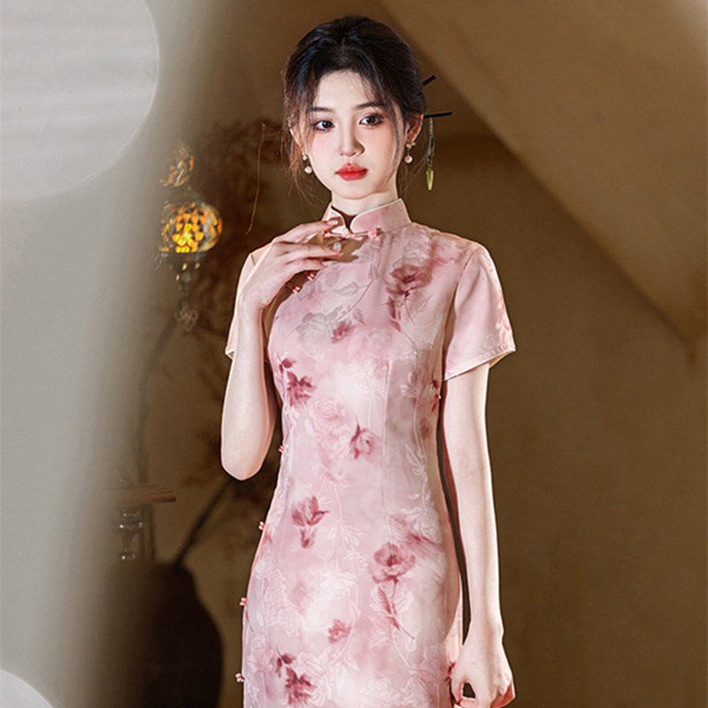 新款2025新款粉红色旗袍 改良式淑女风连衣裙 新中式斜襟短袖旗袍