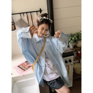 夏季春夏浅蓝色多穿百搭宽松大版oversize大件衬衫慵懒风开衫衬衫