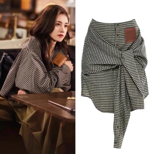 冬款盛夏芬德拉郭宇欣白清枚同款千鸟格不规则复古时髦格子衬衫外