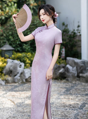 新款高级感紫色旗袍2026新款女年轻款高端桑蚕丝改良日常真丝洋装