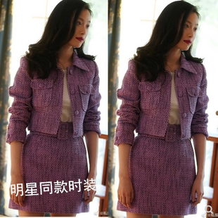 流金岁月倪妮朱锁锁同款小香风套装女显瘦翻领粗花呢外套+半身裙
