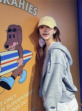 赵露丝同款灰色短连帽女式运动衫2025 K-Style修身Look学生拉新款