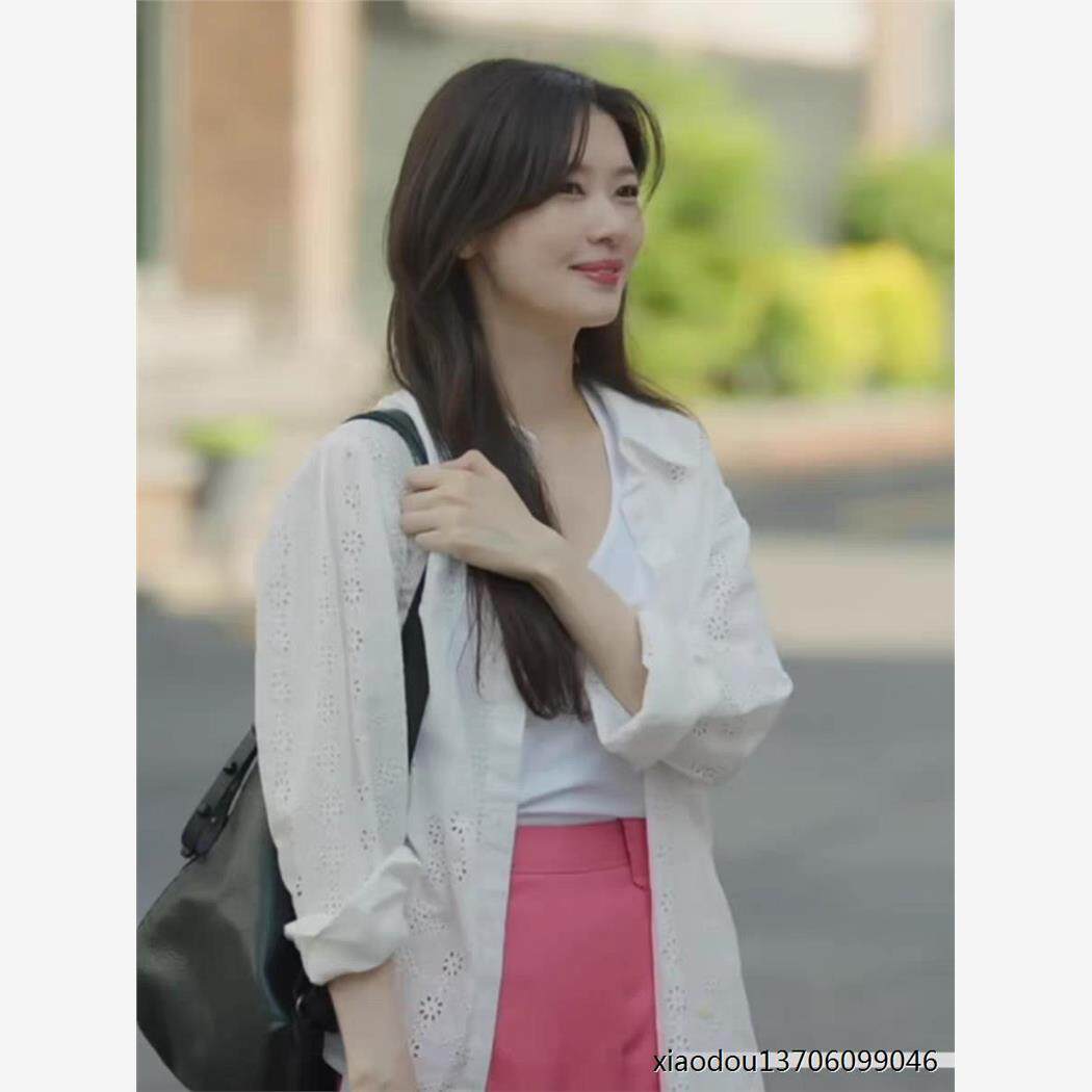 妈妈朋友的儿子郑素敏同款白色韩版蕾丝镂空长袖衬衫设计小众上衣