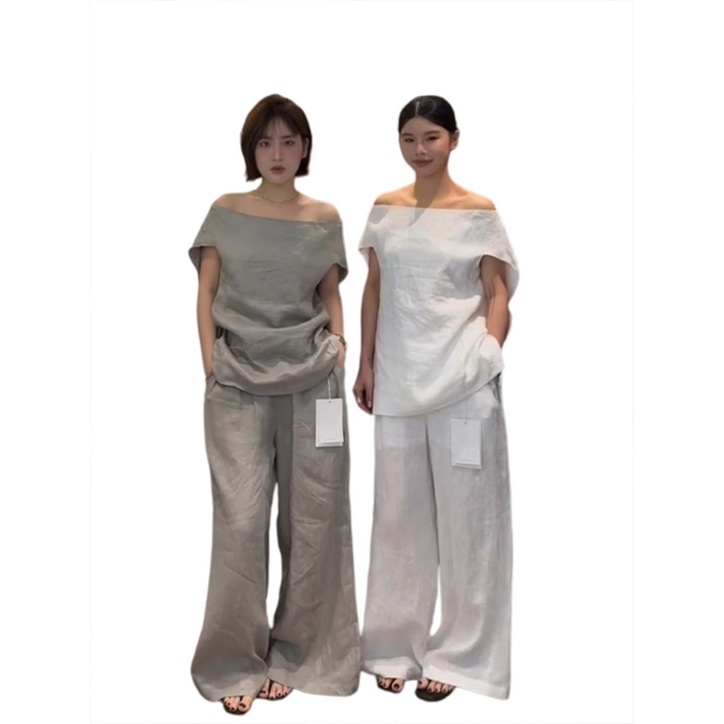 夏季松弛感老钱穿搭亚麻套装女夏季慵懒风一字肩休闲上衣阔腿裤两