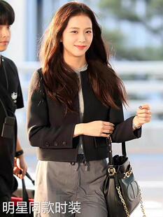 香港欧洲金智秀同款黑色圆领小香风外套女修身显瘦夹克短款上衣潮