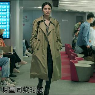香港宋佳同款2024春秋韩系潮牌复古军绿色系带双排扣中长款风衣女