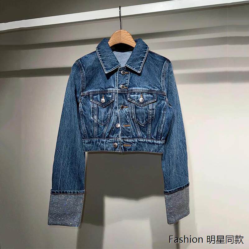 春新款小众设计2023春夏新款水晶袖口单排扣夹克蓝色百搭牛仔长女