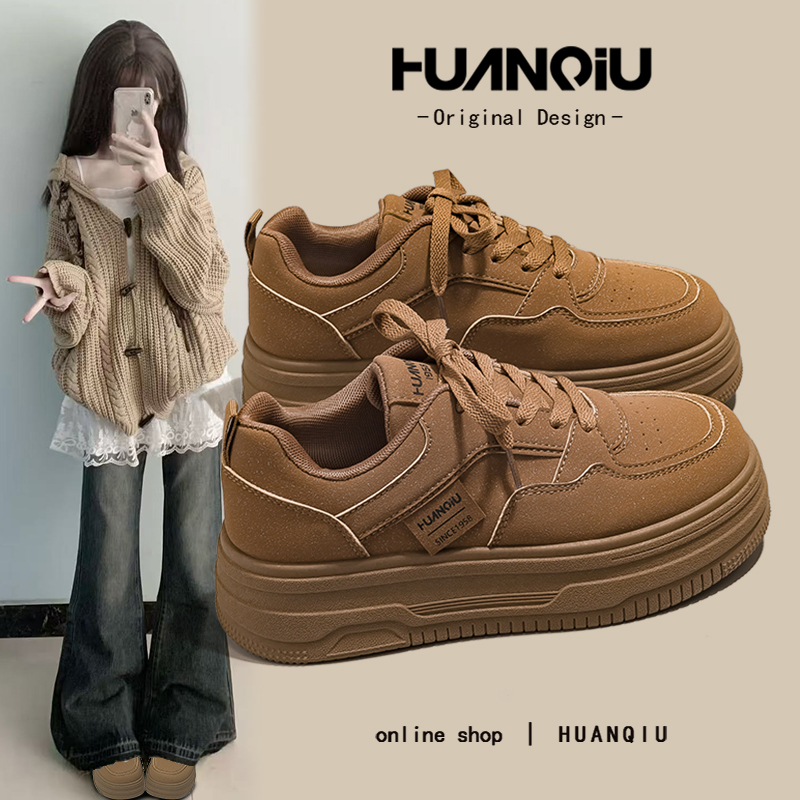环球复古厚底板鞋女小麦色百搭小众不撞款小白鞋厚底增高休闲鞋潮
