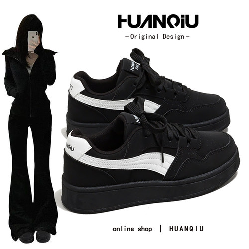 环球黑色加绒板鞋女2025冬季棉鞋爆款百搭休闲运动鞋不累脚休闲鞋