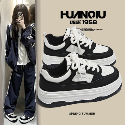 环球女鞋黑白熊猫小白鞋女2025秋季新款透气百搭轻便厚底增高板鞋