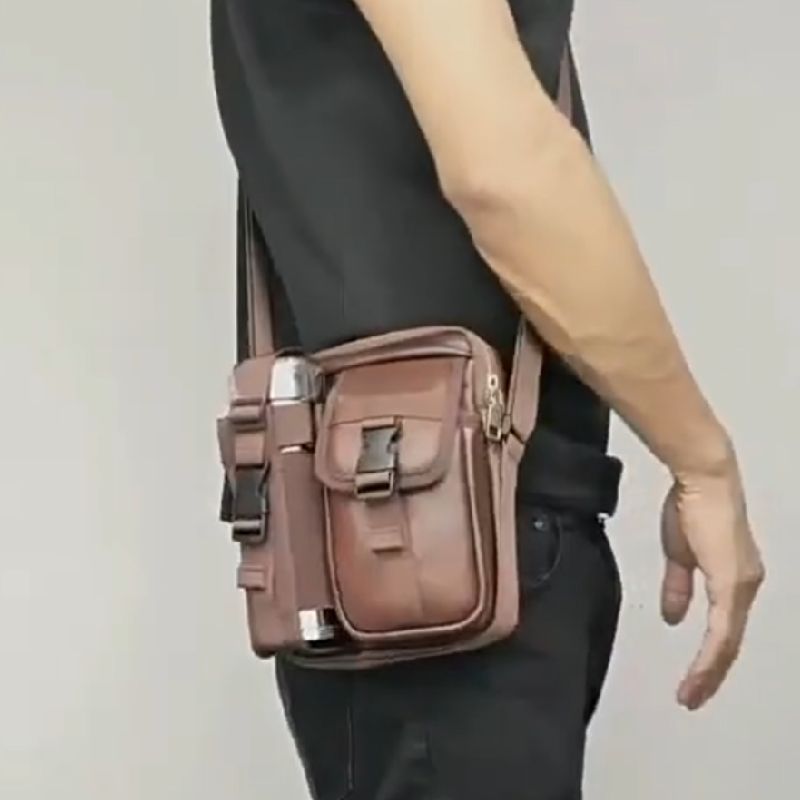 牛真皮小方外出男士单肩斜挎7/8CM直径水杯位手机钥匙证件遛弯包