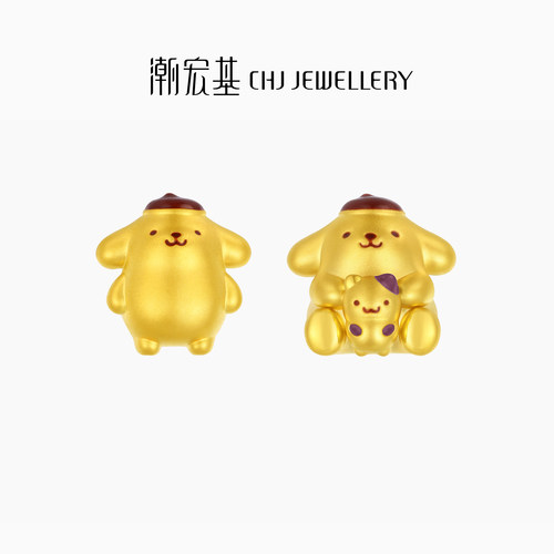 潮宏基三丽鸥布丁狗足金黄金转运珠5D硬金手绳皮燕子正版生日礼物