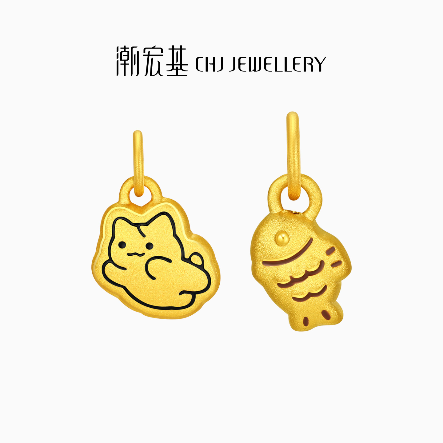 潮宏基宠物联萌足金吊坠黄金挂坠转运串珠小猫鱼饼5D硬金生日礼物