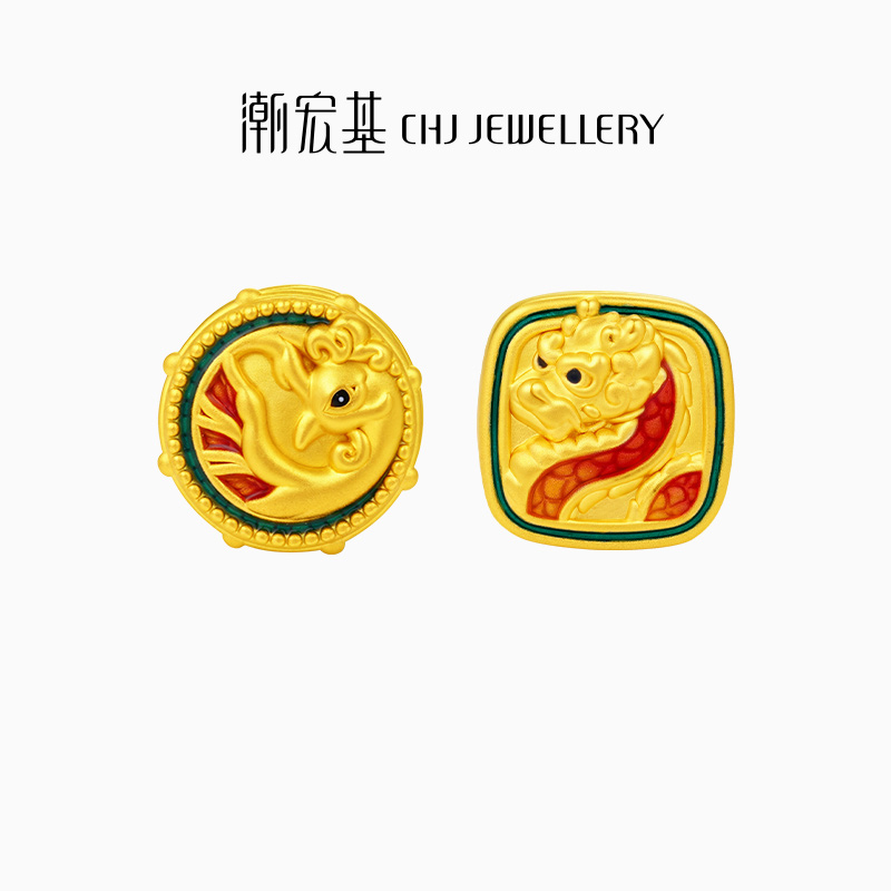 潮宏基故宫文化瑞兽黄金串珠足金转运珠5D硬金鎏彩龙行凤舞礼物