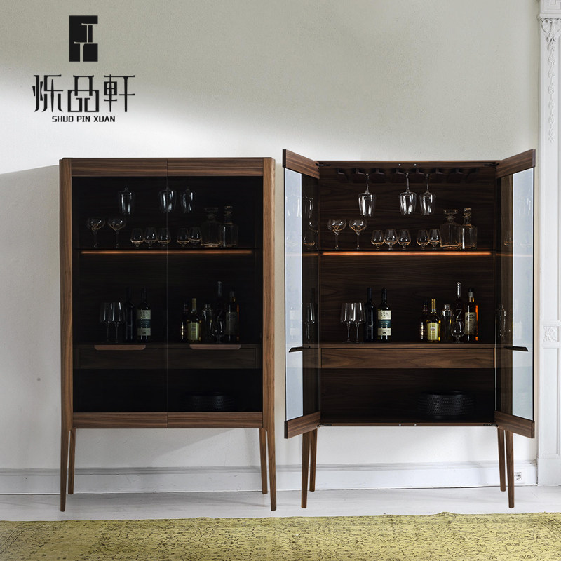 北欧酒柜黑胡桃木全实木玻璃门带led现代简约酒水柜客餐厅餐具柜