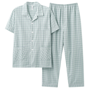 2026夏季男睡衣全棉薄款梭织纯棉布短袖长裤男式全棉布家居服套装