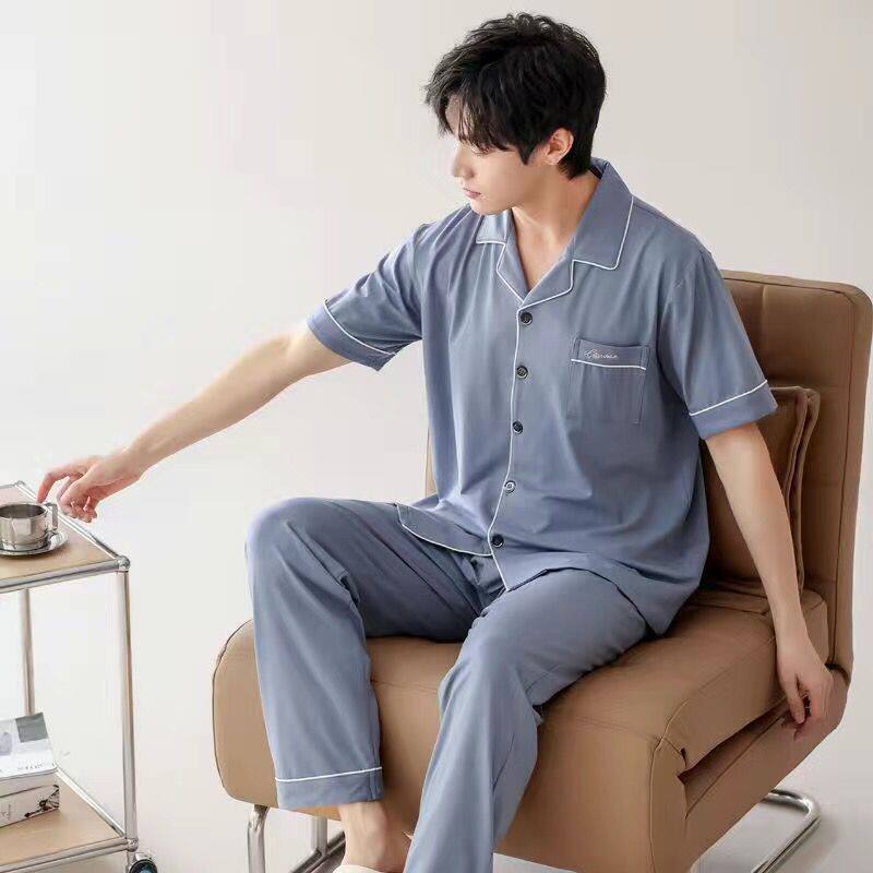 睡衣男士夏季纯棉短袖长裤青中老年夏天全棉加肥加大码家居服套装