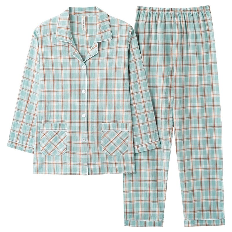 全棉色织布薄款女士长袖纯棉睡衣春秋款四季通用加大码家居服套装