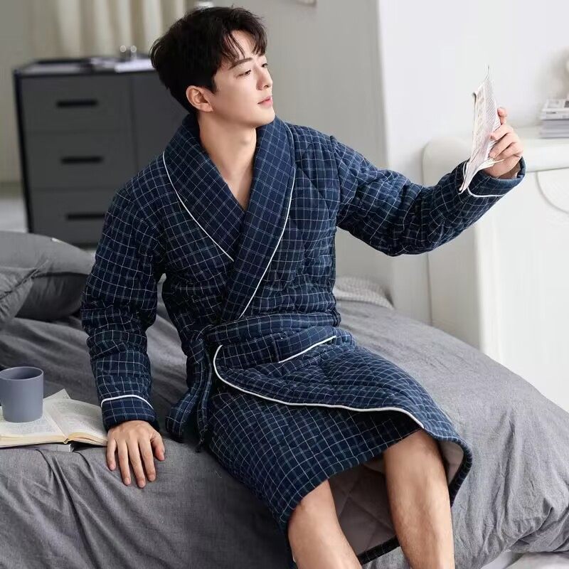 毕求美秋冬季男士浴袍加厚保暖睡衣纯棉夹棉睡袍长款全棉浴衣男款