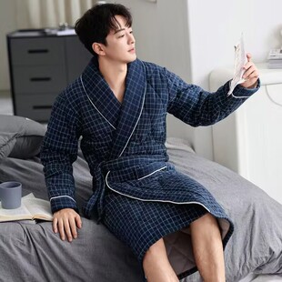 毕求美秋冬季男士浴袍加厚保暖睡衣纯棉夹棉睡袍长款全棉浴衣男款