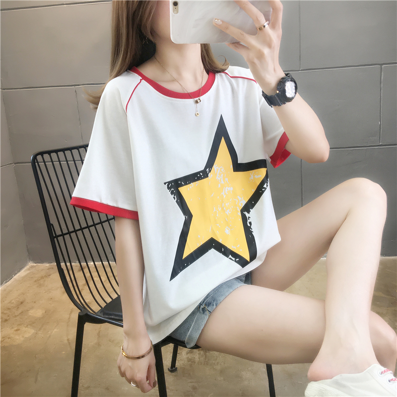 Real shot color contrast design short sleeve t-shirt female star fashion foreign style summer dress new fat size loose