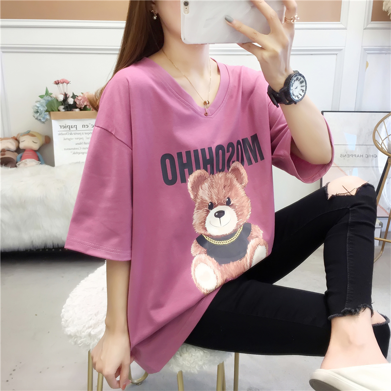 Real shot plus fat oversize loose neck top short sleeve t-shirt female summer dress cute bear